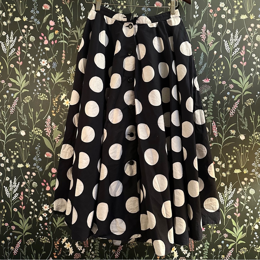 Vintage 80s 90s Louis Feraud Black Midi Skirt with White Polka Dots